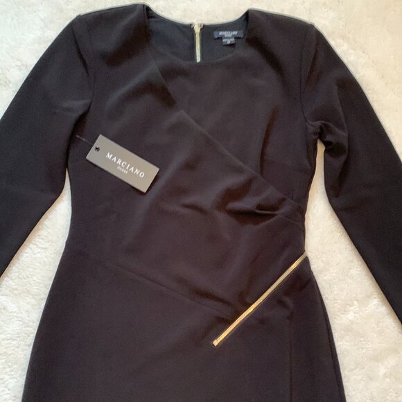 Marciano Guess Dress Size Med Black Zipper Long Sleeve Midi Length Cocktail NWT - Picture 2 of 11